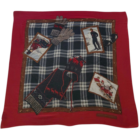 LAUREN RALPH LAUREN square plaid wool retro winter ski sled theme large scarf - Picture 2 of 8